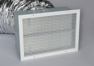 A photo of the damper box and ceiling grille on a QuietAir whole house fan.